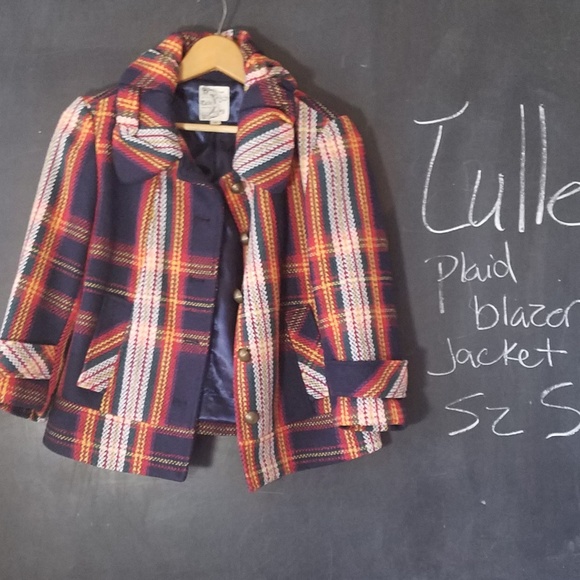 Tulle Jackets & Blazers - Tulle Plaid Blazer Sz S Red Navy Wool Blend